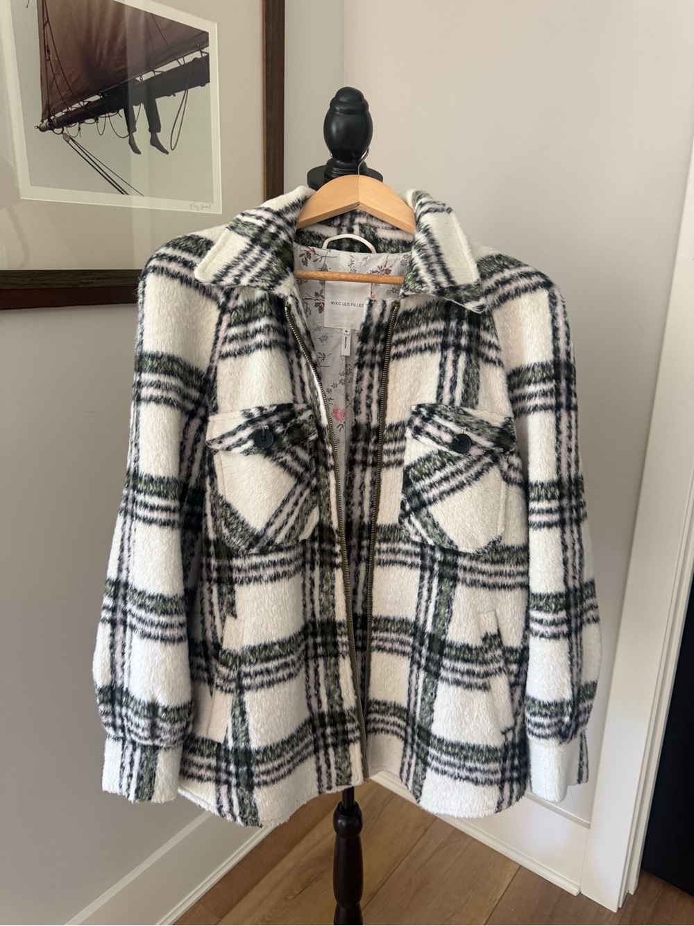 Avec Les Filles Cream and Green and Black Plaid Teddy Jacket
